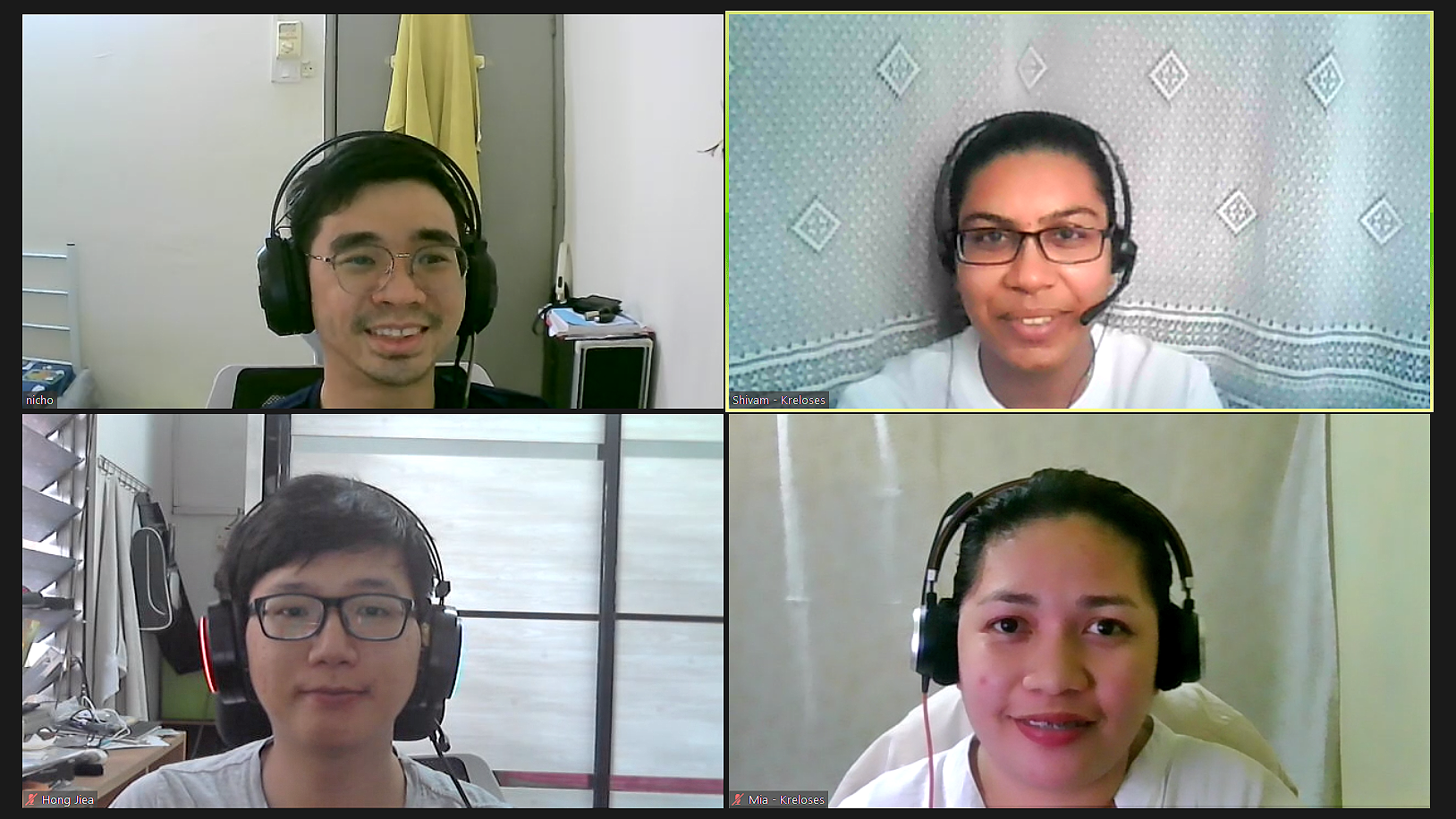 A screenshot photo of Dr. Nicholas and Mr. Hong with Kreloses trainers, Shivam and Mia, during the online training session.