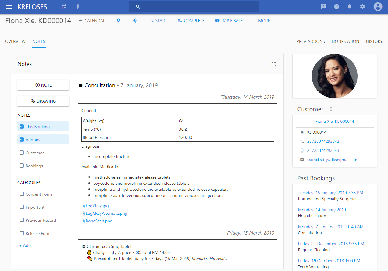 In Kreloses, medical staff can record consultation notes with ease including prescription, imaging and drawings. This will help save more space and notes will be captured more accurately.