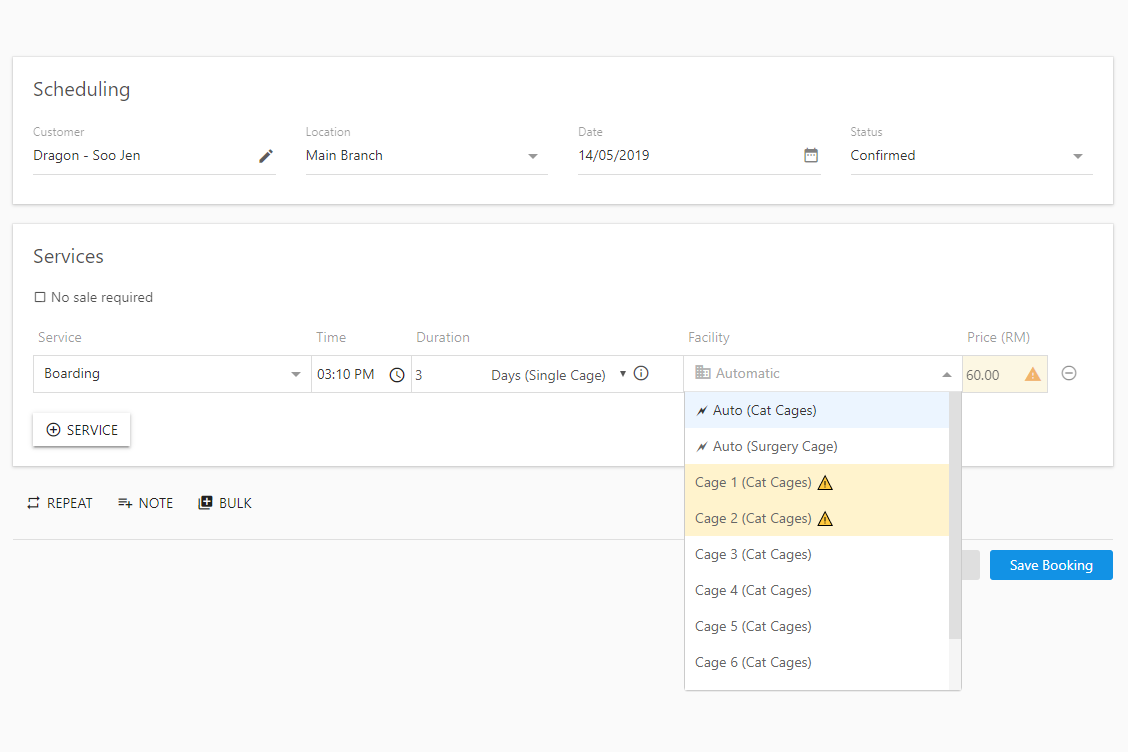 Kreloses automatically select the cage for you based on the availability. You can also manually select the cages through the drop down.