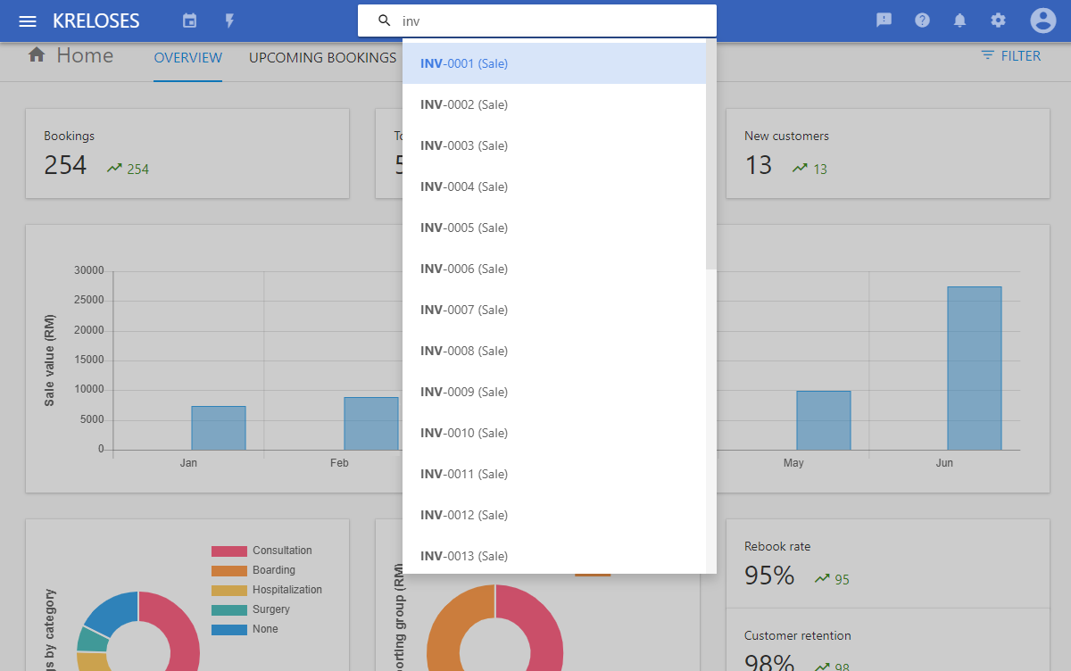 Other than your invoices and quotations, you can also search for other data in your business such as customer records, products, services and more.